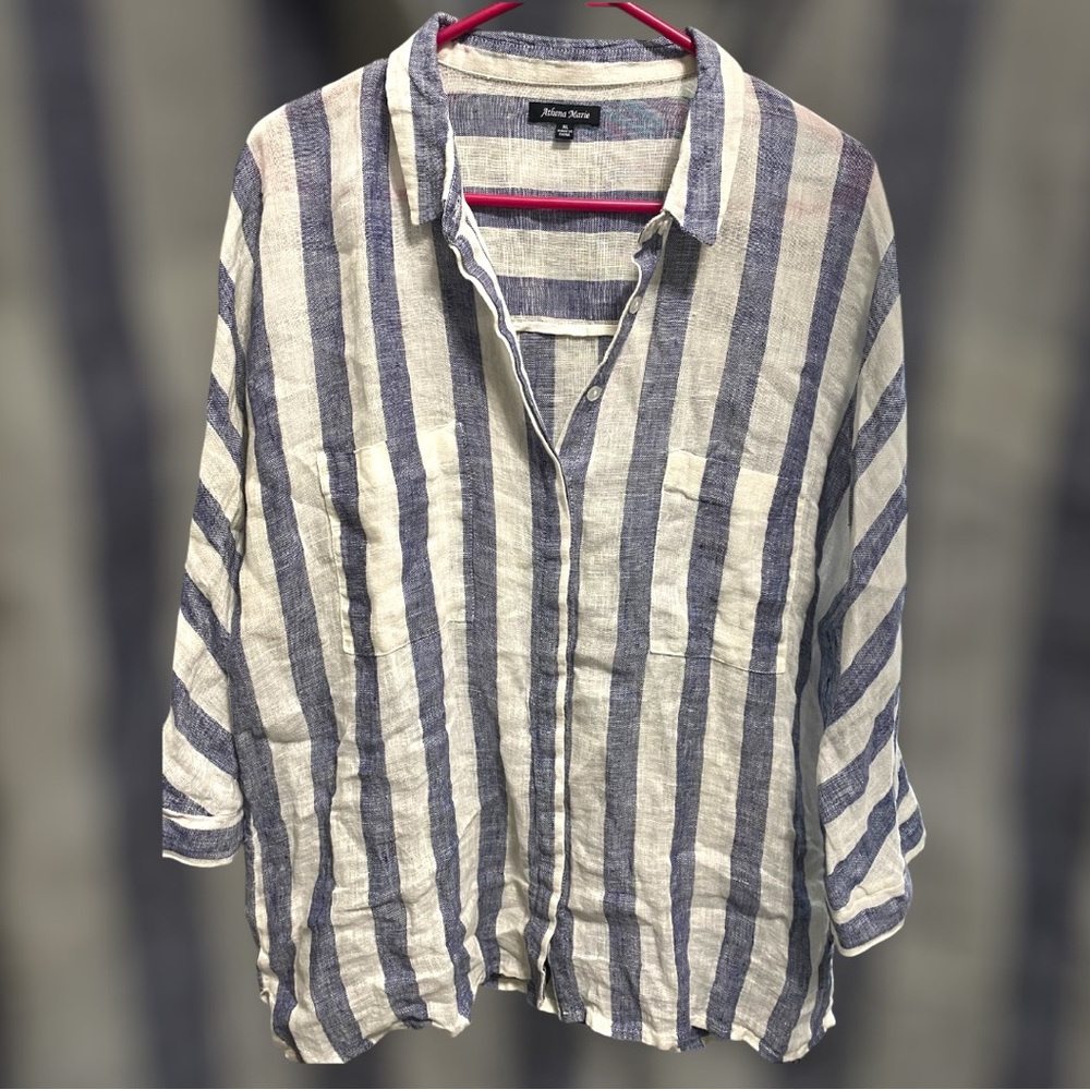 Athena Marie NWT 100% linen white blue striped 2/4 sleeve shirt XL